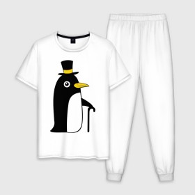 Мужская пижама хлопок с принтом Пингвин в шляпе в Екатеринбурге, 100% хлопок | брюки и футболка прямого кроя, без карманов, на брюках мягкая резинка на поясе и по низу штанин
 | животные | лед | пингвин в шляпе | трость.снег | шляпа