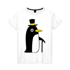 Женская футболка хлопок с принтом Пингвин в шляпе в Екатеринбурге, 100% хлопок | прямой крой, круглый вырез горловины, длина до линии бедер, слегка спущенное плечо | животные | лед | пингвин в шляпе | трость.снег | шляпа