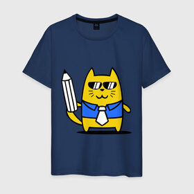 Мужская футболка хлопок с принтом Деловой котик в Екатеринбурге, 100% хлопок | прямой крой, круглый вырез горловины, длина до линии бедер, слегка спущенное плечо. | бизнесмен | карандаш | кот