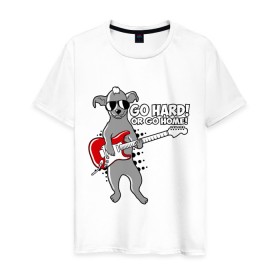 Мужская футболка хлопок с принтом Собака с гитарой (Go hard or go home) в Екатеринбурге, 100% хлопок | прямой крой, круглый вырез горловины, длина до линии бедер, слегка спущенное плечо. | гитара