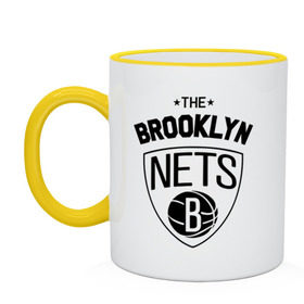 Кружка двухцветная с принтом The Brooklyn Nets в Екатеринбурге, керамика | объем — 330 мл, диаметр — 80 мм. Цветная ручка и кайма сверху, в некоторых цветах — вся внутренняя часть | бруклин