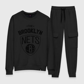 Женский костюм хлопок с принтом The Brooklyn Nets в Екатеринбурге, 100% хлопок | на свитшоте круглая горловина, мягкая резинка по низу. Брюки заужены к низу, на них два вида карманов: два 