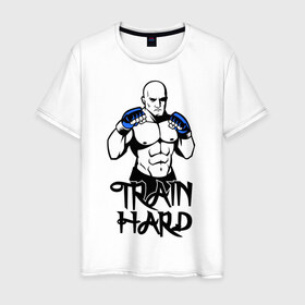 Мужская футболка хлопок с принтом Train hard (тренируйся усердно) в Екатеринбурге, 100% хлопок | прямой крой, круглый вырез горловины, длина до линии бедер, слегка спущенное плечо. | 