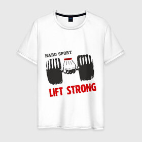 Мужская футболка хлопок с принтом Lift Strong в Екатеринбурге, 100% хлопок | прямой крой, круглый вырез горловины, длина до линии бедер, слегка спущенное плечо. | hard | lift | pain | sport | strong | гантели | спорт | штанга