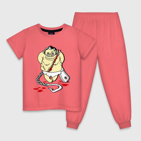 Детская пижама хлопок с принтом Пуджик (Мясник) в Екатеринбурге, 100% хлопок |  брюки и футболка прямого кроя, без карманов, на брюках мягкая резинка на поясе и по низу штанин
 | Тематика изображения на принте: dota | dota2 | pudge | дота | дота2 | мясник | пудж