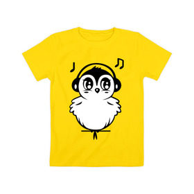 Детская футболка хлопок с принтом Птичка в наушниках в Екатеринбурге, 100% хлопок | круглый вырез горловины, полуприлегающий силуэт, длина до линии бедер | воробей | мелодия | меломан | музыка | наушники | ноты | птица | птичка