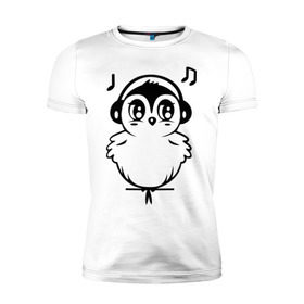 Мужская футболка премиум с принтом Птичка в наушниках в Екатеринбурге, 92% хлопок, 8% лайкра | приталенный силуэт, круглый вырез ворота, длина до линии бедра, короткий рукав | воробей | мелодия | меломан | музыка | наушники | ноты | птица | птичка