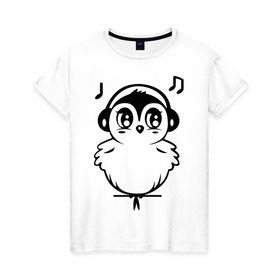 Женская футболка хлопок с принтом Птичка в наушниках в Екатеринбурге, 100% хлопок | прямой крой, круглый вырез горловины, длина до линии бедер, слегка спущенное плечо | воробей | мелодия | меломан | музыка | наушники | ноты | птица | птичка