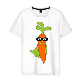 Мужская футболка хлопок с принтом Супер-морковь в Екатеринбурге, 100% хлопок | прямой крой, круглый вырез горловины, длина до линии бедер, слегка спущенное плечо. | супергерой