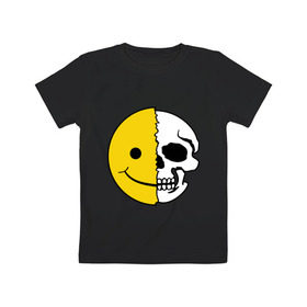 Детская футболка хлопок с принтом Смайлик-черепок в Екатеринбурге, 100% хлопок | круглый вырез горловины, полуприлегающий силуэт, длина до линии бедер | Тематика изображения на принте: скелет