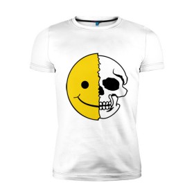 Мужская футболка премиум с принтом Смайлик-черепок в Екатеринбурге, 92% хлопок, 8% лайкра | приталенный силуэт, круглый вырез ворота, длина до линии бедра, короткий рукав | скелет
