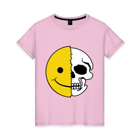 Женская футболка хлопок с принтом Смайлик-черепок в Екатеринбурге, 100% хлопок | прямой крой, круглый вырез горловины, длина до линии бедер, слегка спущенное плечо | скелет