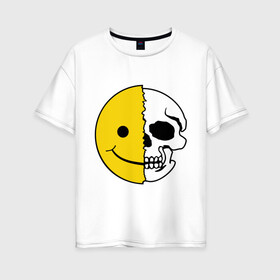 Женская футболка хлопок Oversize с принтом Смайлик-черепок в Екатеринбурге, 100% хлопок | свободный крой, круглый ворот, спущенный рукав, длина до линии бедер
 | скелет