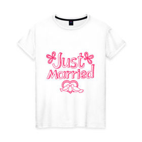 Женская футболка хлопок с принтом Just married pink в Екатеринбурге, 100% хлопок | прямой крой, круглый вырез горловины, длина до линии бедер, слегка спущенное плечо | just married | брак | голубки | жених | кольца | молодожены | невеста | свадьба | супруги