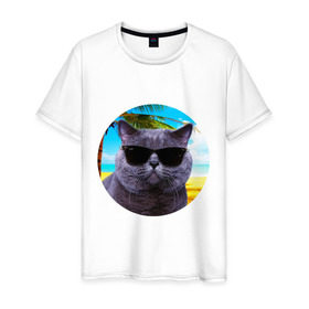 Мужская футболка хлопок с принтом Котэ на пляже в Екатеринбурге, 100% хлопок | прямой крой, круглый вырез горловины, длина до линии бедер, слегка спущенное плечо. | кот | котэ | лето | мем | очки | пальма | пляж | солнце