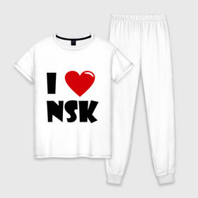 Женская пижама хлопок с принтом I LOVE NSK в Екатеринбурге, 100% хлопок | брюки и футболка прямого кроя, без карманов, на брюках мягкая резинка на поясе и по низу штанин | новосибирск | нск | россия | сибирь | я люблю.