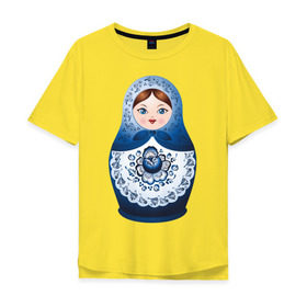 Мужская футболка хлопок Oversize с принтом Матрешка Гжель в Екатеринбурге, 100% хлопок | свободный крой, круглый ворот, “спинка” длиннее передней части | русь