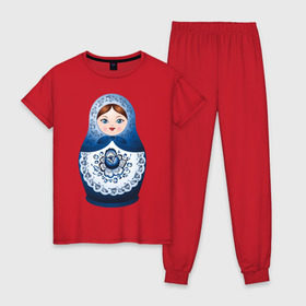 Женская пижама хлопок с принтом Матрешка Гжель в Екатеринбурге, 100% хлопок | брюки и футболка прямого кроя, без карманов, на брюках мягкая резинка на поясе и по низу штанин | русь