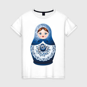 Женская футболка хлопок с принтом Матрешка Гжель в Екатеринбурге, 100% хлопок | прямой крой, круглый вырез горловины, длина до линии бедер, слегка спущенное плечо | русь