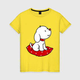Женская футболка хлопок с принтом Собачка на подушке в Екатеринбурге, 100% хлопок | прямой крой, круглый вырез горловины, длина до линии бедер, слегка спущенное плечо | милый | пес | подушка | собака | щенок