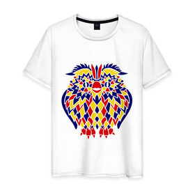 Мужская футболка хлопок с принтом Сова разноцветная мозаика в Екатеринбурге, 100% хлопок | прямой крой, круглый вырез горловины, длина до линии бедер, слегка спущенное плечо. | сова