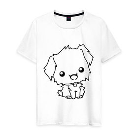 Мужская футболка хлопок с принтом Милый песик в Екатеринбурге, 100% хлопок | прямой крой, круглый вырез горловины, длина до линии бедер, слегка спущенное плечо. | маленький | милый | пес | пушистый | собака | щенок