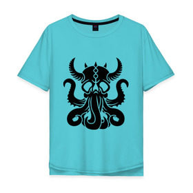 Мужская футболка хлопок Oversize с принтом Морской демон в Екатеринбурге, 100% хлопок | свободный крой, круглый ворот, “спинка” длиннее передней части | демон | ктулху | море | океан | рога | тентакль