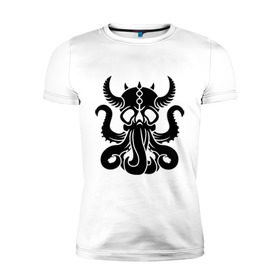 Мужская футболка премиум с принтом Морской демон в Екатеринбурге, 92% хлопок, 8% лайкра | приталенный силуэт, круглый вырез ворота, длина до линии бедра, короткий рукав | Тематика изображения на принте: демон | ктулху | море | океан | рога | тентакль