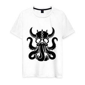 Мужская футболка хлопок с принтом Морской демон в Екатеринбурге, 100% хлопок | прямой крой, круглый вырез горловины, длина до линии бедер, слегка спущенное плечо. | демон | ктулху | море | океан | рога | тентакль