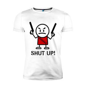 Мужская футболка премиум с принтом Shut up! (заткнись!) в Екатеринбурге, 92% хлопок, 8% лайкра | приталенный силуэт, круглый вырез ворота, длина до линии бедра, короткий рукав | gun | shut | up | заткнись | пистолет | пушка | стикмэн | суровый