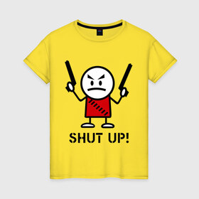 Женская футболка хлопок с принтом Shut up! (заткнись!) в Екатеринбурге, 100% хлопок | прямой крой, круглый вырез горловины, длина до линии бедер, слегка спущенное плечо | gun | shut | up | заткнись | пистолет | пушка | стикмэн | суровый