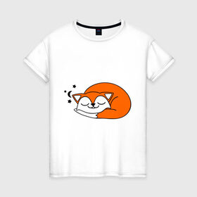 Женская футболка хлопок с принтом Спящий лисёнок в Екатеринбурге, 100% хлопок | прямой крой, круглый вырез горловины, длина до линии бедер, слегка спущенное плечо | лиса