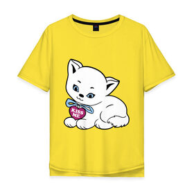 Мужская футболка хлопок Oversize с принтом Белая кошечка в Екатеринбурге, 100% хлопок | свободный крой, круглый ворот, “спинка” длиннее передней части | kiss | kiss me | киса | киска | котейка | котенок | котя | кошечка | кошка | лапочка