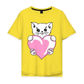 Мужская футболка хлопок Oversize с принтом Котеночек с сердечком в Екатеринбурге, 100% хлопок | свободный крой, круглый ворот, “спинка” длиннее передней части | киса | киска | котейка | котенок | котя | кошечка | кошка | лапочка | сердечко | сердце