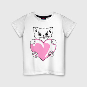 Детская футболка хлопок с принтом Котеночек с сердечком в Екатеринбурге, 100% хлопок | круглый вырез горловины, полуприлегающий силуэт, длина до линии бедер | Тематика изображения на принте: киса | киска | котейка | котенок | котя | кошечка | кошка | лапочка | сердечко | сердце