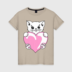 Женская футболка хлопок с принтом Котеночек с сердечком в Екатеринбурге, 100% хлопок | прямой крой, круглый вырез горловины, длина до линии бедер, слегка спущенное плечо | киса | киска | котейка | котенок | котя | кошечка | кошка | лапочка | сердечко | сердце