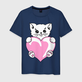 Мужская футболка хлопок с принтом Котеночек с сердечком в Екатеринбурге, 100% хлопок | прямой крой, круглый вырез горловины, длина до линии бедер, слегка спущенное плечо. | Тематика изображения на принте: киса | киска | котейка | котенок | котя | кошечка | кошка | лапочка | сердечко | сердце