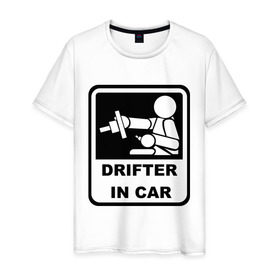Мужская футболка хлопок с принтом Drifter in car в Екатеринбурге, 100% хлопок | прямой крой, круглый вырез горловины, длина до линии бедер, слегка спущенное плечо. | дрифт