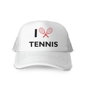 Кепка тракер с сеткой с принтом I Love Tennis в Екатеринбурге, трикотажное полотно; задняя часть — сетка | длинный козырек, универсальный размер, пластиковая застежка | ракетка | тенис | теннис | теннисист