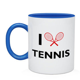 Кружка двухцветная с принтом I Love Tennis в Екатеринбурге, керамика | объем — 330 мл, диаметр — 80 мм. Цветная ручка и кайма сверху, в некоторых цветах — вся внутренняя часть | ракетка | тенис | теннис | теннисист