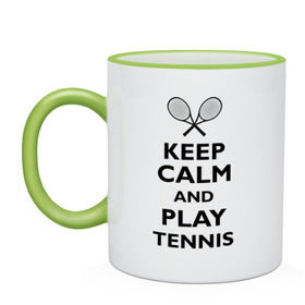 Кружка двухцветная с принтом Play tennis в Екатеринбурге, керамика | объем — 330 мл, диаметр — 80 мм. Цветная ручка и кайма сверху, в некоторых цветах — вся внутренняя часть | ракетка | тенис | теннис | теннисист