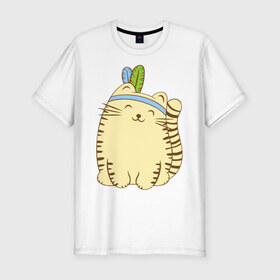 Мужская футболка премиум с принтом Кот-индеец в Екатеринбурге, 92% хлопок, 8% лайкра | приталенный силуэт, круглый вырез ворота, длина до линии бедра, короткий рукав | индеец | киса | кот | кошка | перья