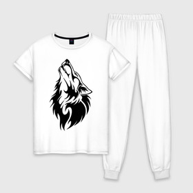 Женская пижама хлопок с принтом Воющий волк в Екатеринбурге, 100% хлопок | брюки и футболка прямого кроя, без карманов, на брюках мягкая резинка на поясе и по низу штанин | Тематика изображения на принте: воет | вой | волк | голова