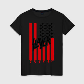 Женская футболка хлопок с принтом Slayer flag в Екатеринбурге, 100% хлопок | прямой крой, круглый вырез горловины, длина до линии бедер, слегка спущенное плечо | flag | slayer | америка | музыка | рок | сша | флаг