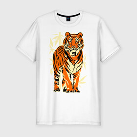 Мужская футболка премиум с принтом Тигр в Екатеринбурге, 92% хлопок, 8% лайкра | приталенный силуэт, круглый вырез ворота, длина до линии бедра, короткий рукав | Тематика изображения на принте: tiger | бамбук | тигр | хищник