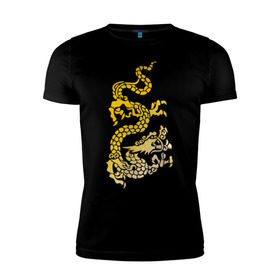Мужская футболка премиум с принтом Золотой дракон в Екатеринбурге, 92% хлопок, 8% лайкра | приталенный силуэт, круглый вырез ворота, длина до линии бедра, короткий рукав | дракон | золотой | китайский | тату