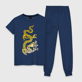 Женская пижама хлопок с принтом Золотой дракон в Екатеринбурге, 100% хлопок | брюки и футболка прямого кроя, без карманов, на брюках мягкая резинка на поясе и по низу штанин | Тематика изображения на принте: дракон | золотой | китайский | тату
