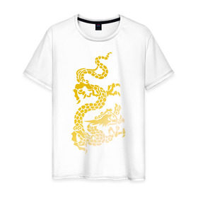Мужская футболка хлопок с принтом Золотой дракон в Екатеринбурге, 100% хлопок | прямой крой, круглый вырез горловины, длина до линии бедер, слегка спущенное плечо. | дракон | золотой | китайский | тату