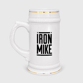 Кружка пивная с принтом Iron Mike в Екатеринбурге,  керамика (Материал выдерживает высокую температуру, стоит избегать резкого перепада температур) |  объем 630 мл | Тематика изображения на принте: iron | mike | бокс | железный | замбидис | майк | чемпион