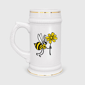 Кружка пивная с принтом Пчела с цветочком в Екатеринбурге,  керамика (Материал выдерживает высокую температуру, стоит избегать резкого перепада температур) |  объем 630 мл | оса | пчела | цветок | шмель